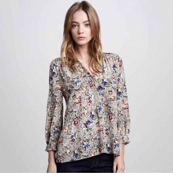 Rebecca Taylor 100% Silk Floral Blouse Top size 4 Smocked Cuffs Pullover V-Neck - Picture 1 of 8